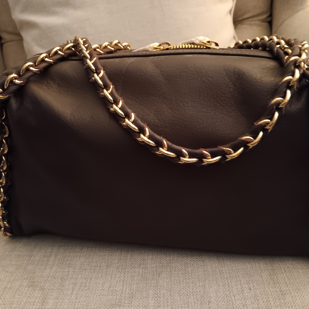 Elegant Dark Brown Leather Handbag with Gold Chain